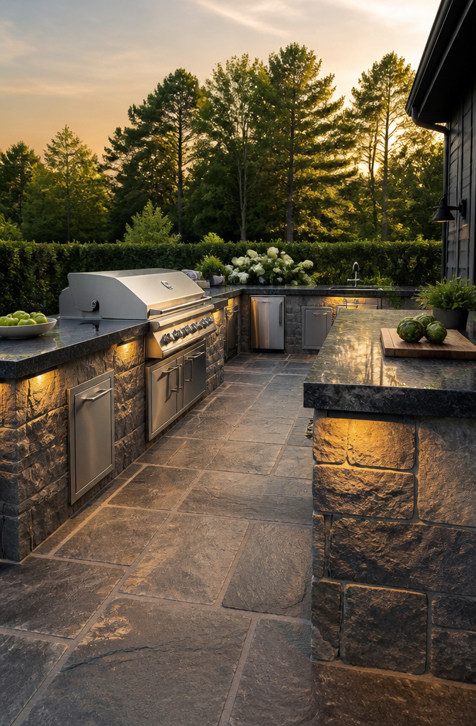 A stone outdoor kitchen with dark granite countertops and bluestone base.