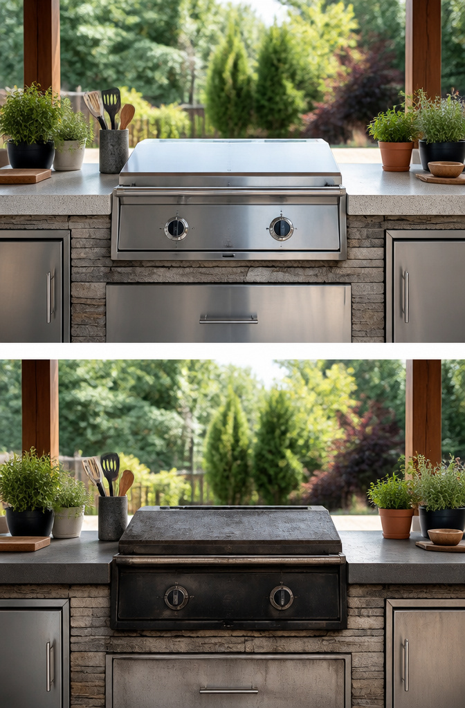 A Coyote Outdoor Living griddle made of stainless steel.
