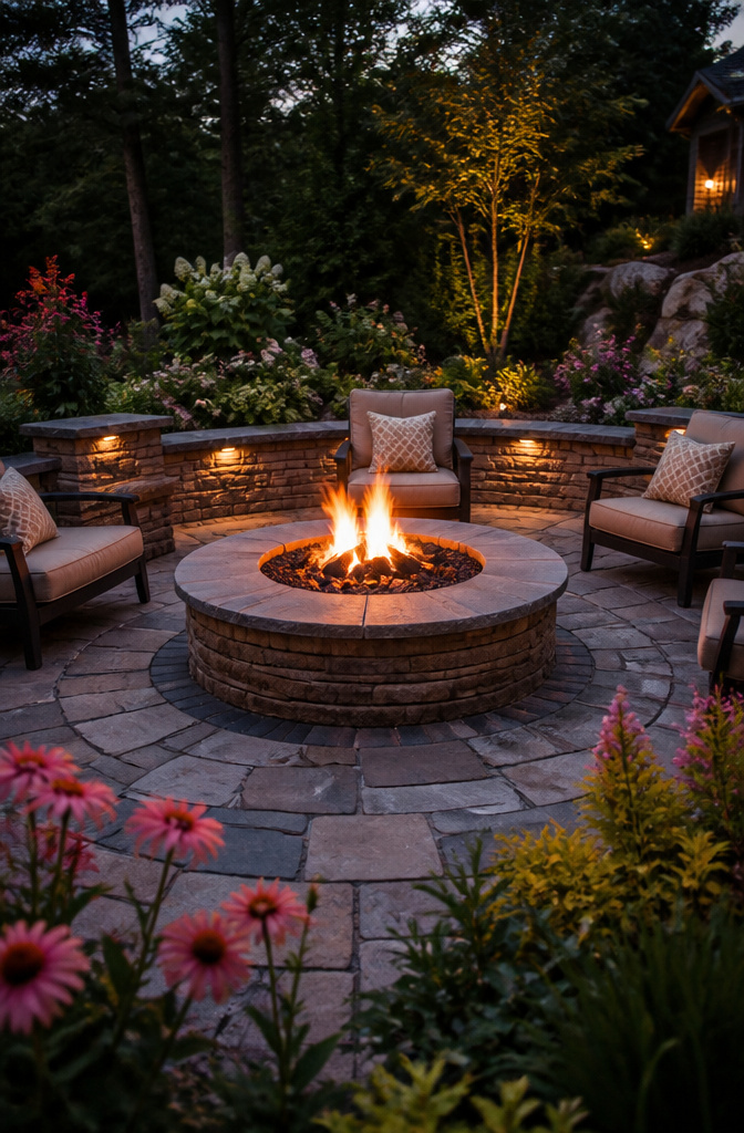 A fire pit surrounded by seating on a patio.