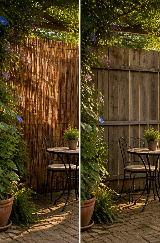 A reed screen set up for privacy in a backyard.