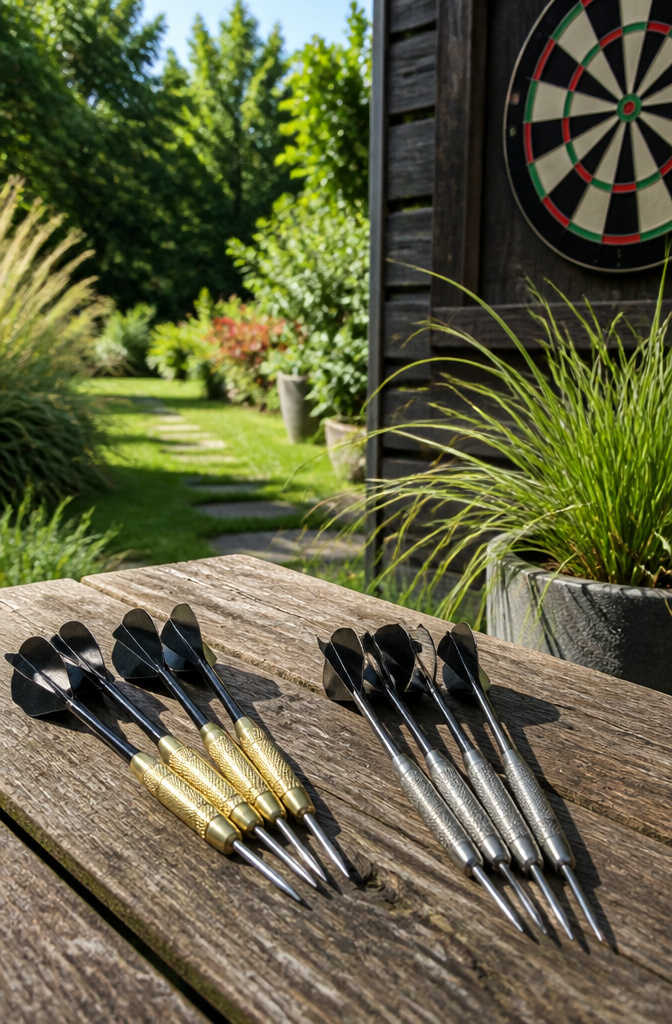 Steel tip darts on a wooden table near an outdoor dartboard.