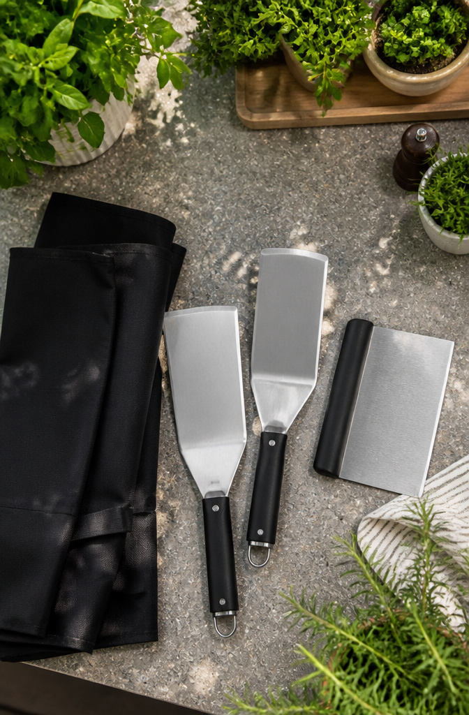 Various accessories for maintaining a Blackstone griddle.