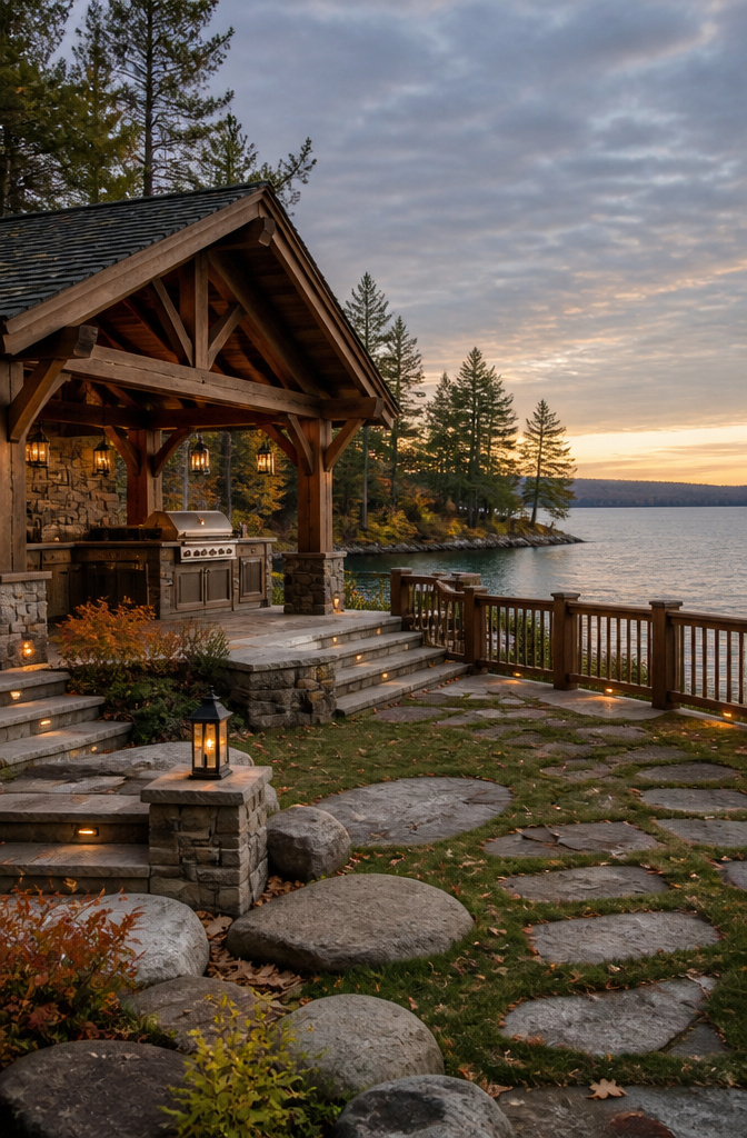 Lakeside rustic kitchen featuring weathered wood and natural stone.