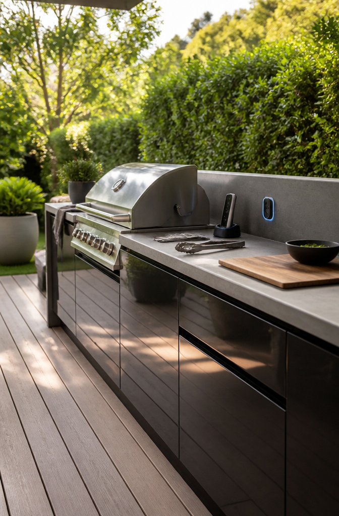 A Wi-Fi-enabled grill and smart outlets in an outdoor kitchen.
