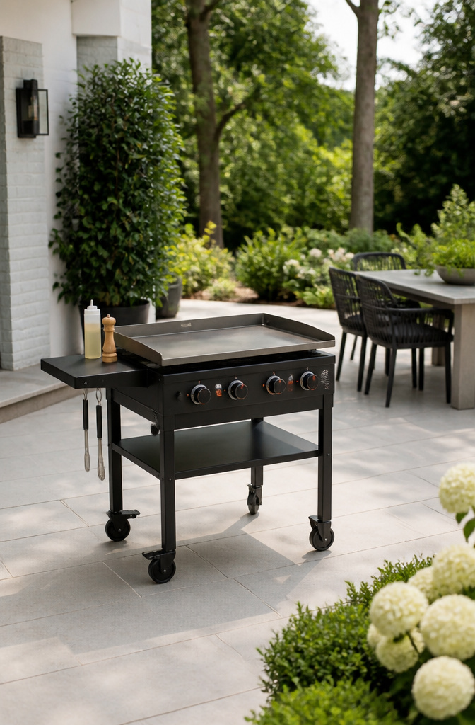 A Blackstone griddle mounted on a rolling cart.