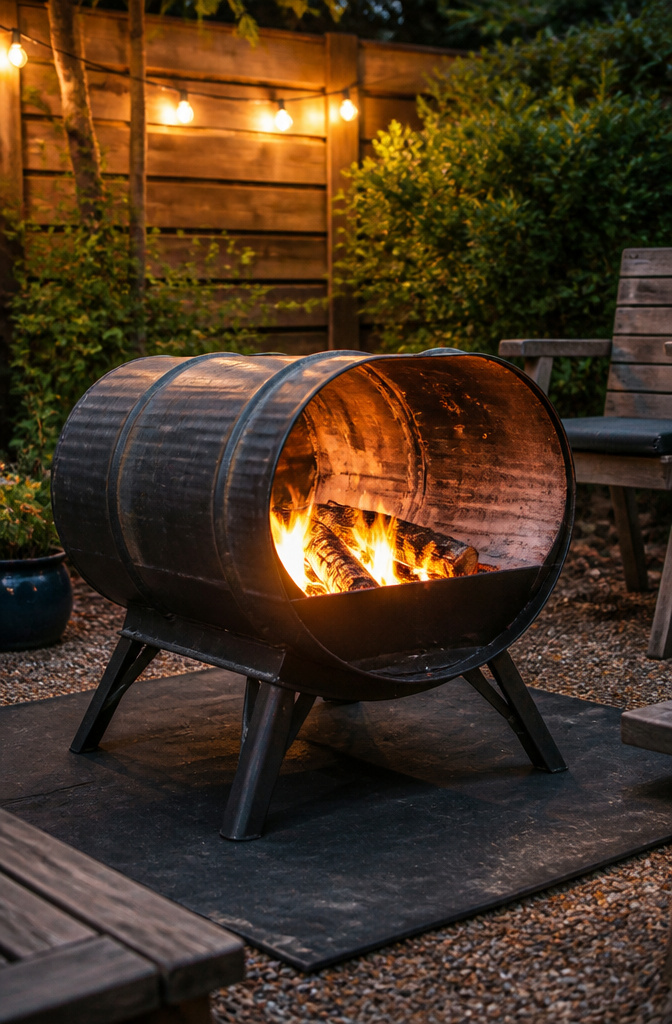 A cut-open steel barrel on legs used as a portable fire pit.