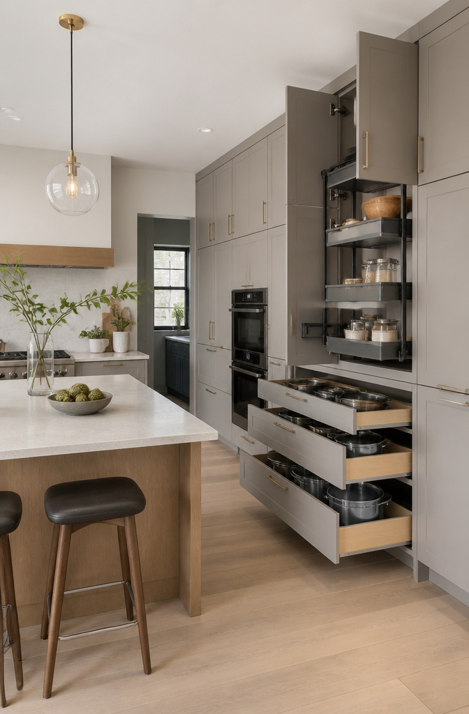 Modern kitchen with full-height cabinets and organized deep drawers.