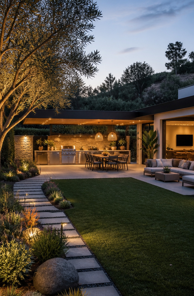 A modern patio kitchen with French doors and stylish decor.