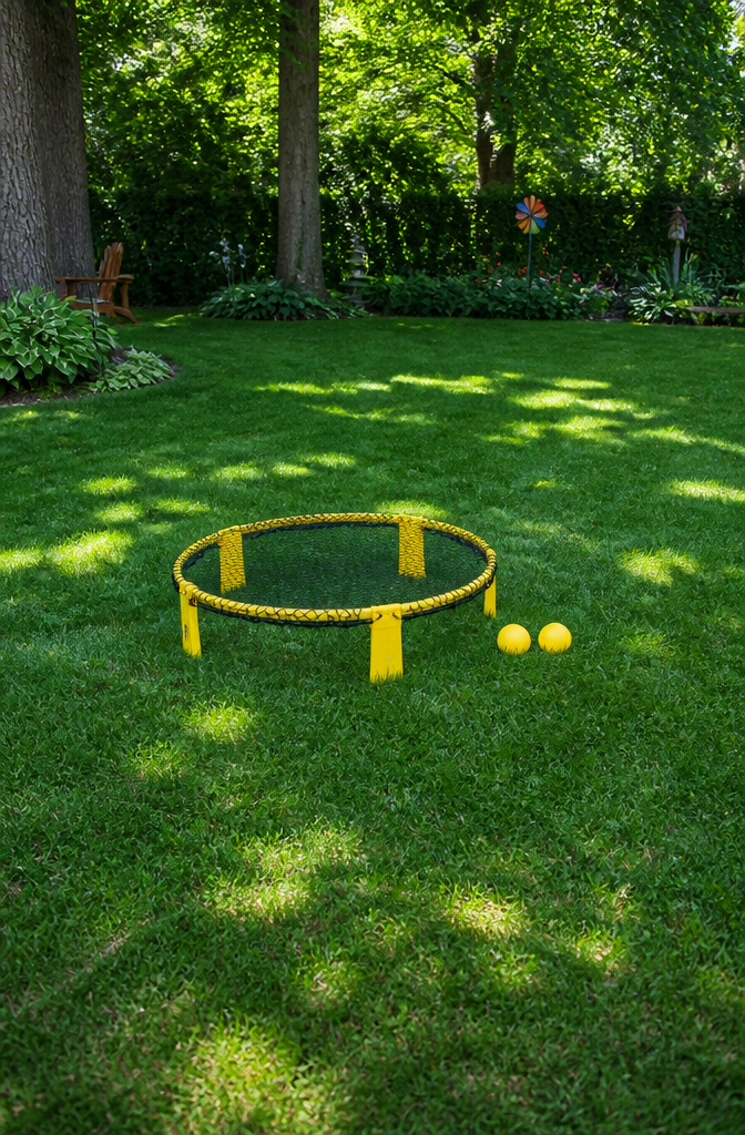 Spikeball net and balls on a vibrant green lawn.