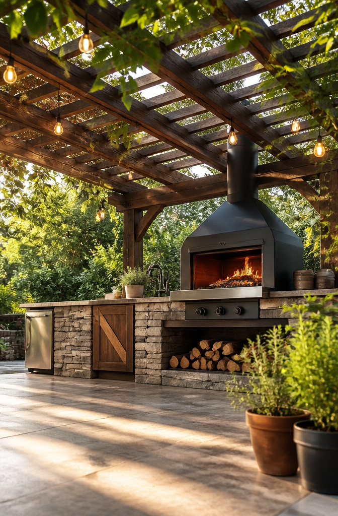 Wood fire outdoor kitchen under a pergola with open slats.