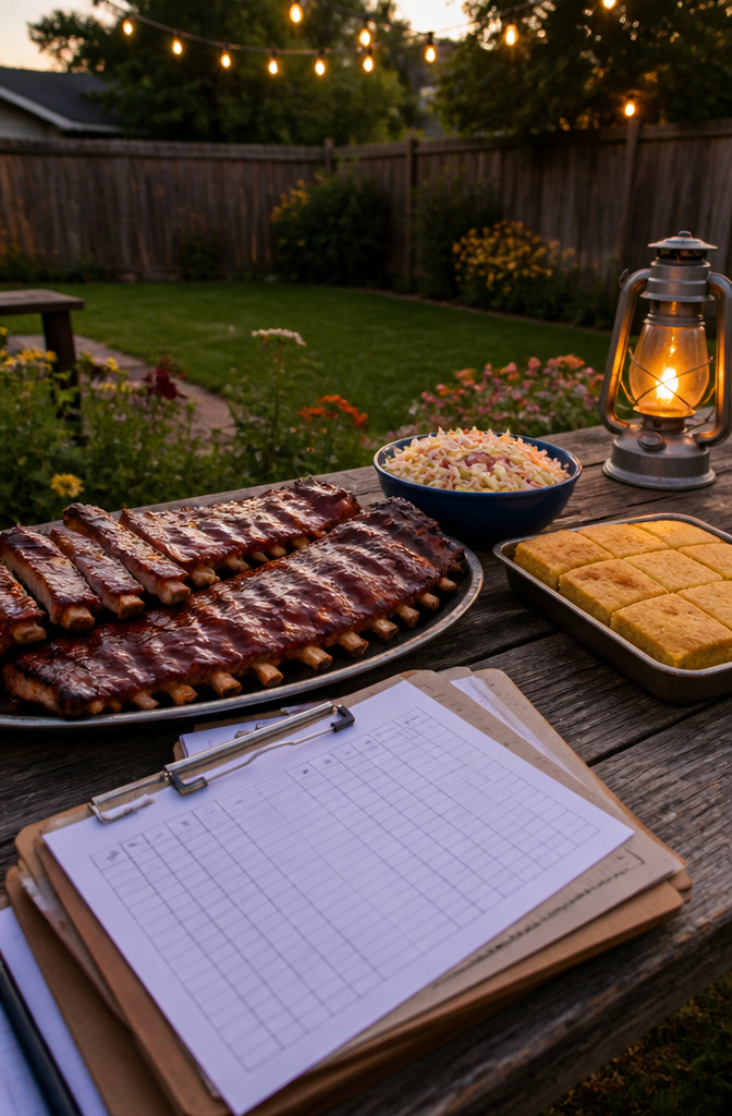Platter of glazed ribs with scorecards and sides on a picnic table.