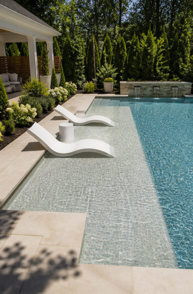 Shallow tanning ledge extending from the edge of a luxurious pool.