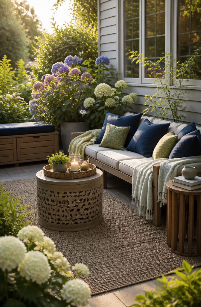 10 Outdoor Space Ideas for 2026: Backyard Design & Decor Tips 6 A low sofa adorned with pillows and blankets in an outdoor corner.