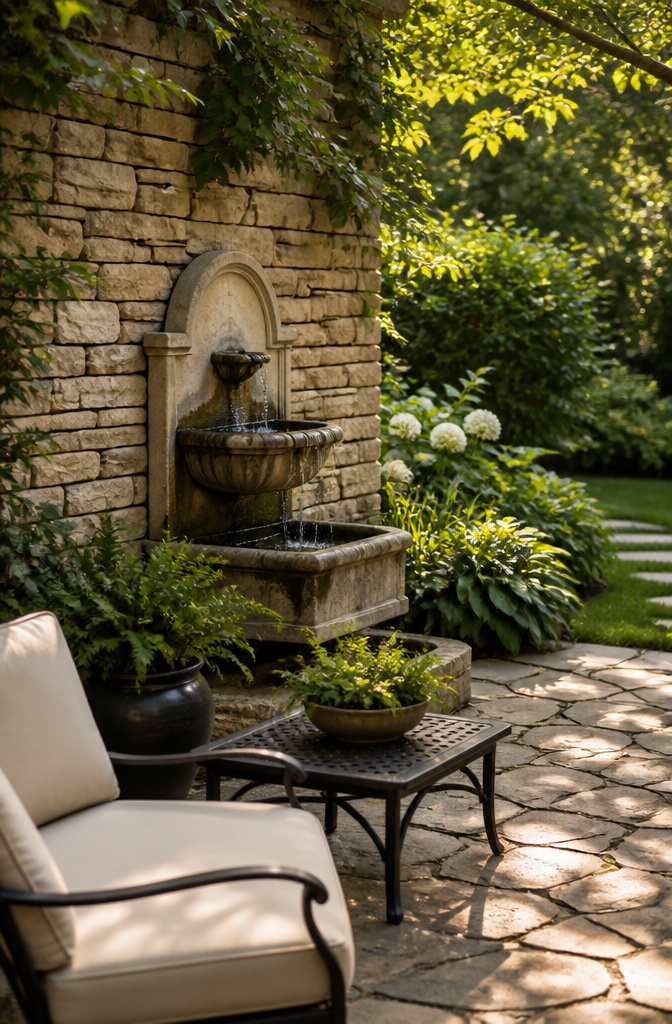A wall-mounted fountain against a rustic stone wall in a patio setting.