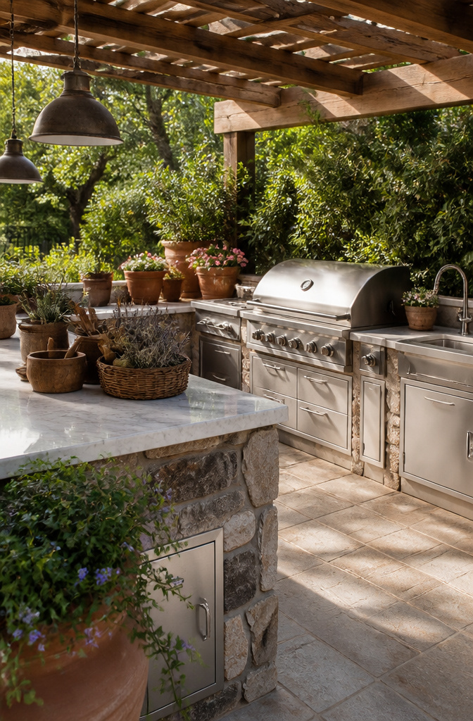 A rustic outdoor kitchen featuring stone and stainless steel elements.