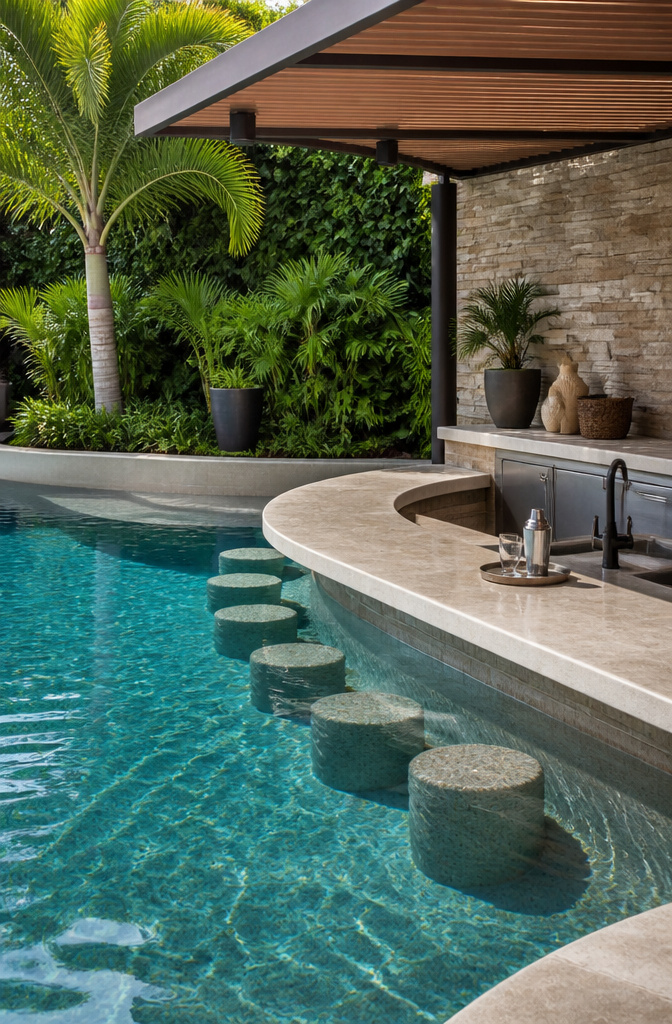 Chic swim-up bar featuring underwater stools and a natural stone backdrop.