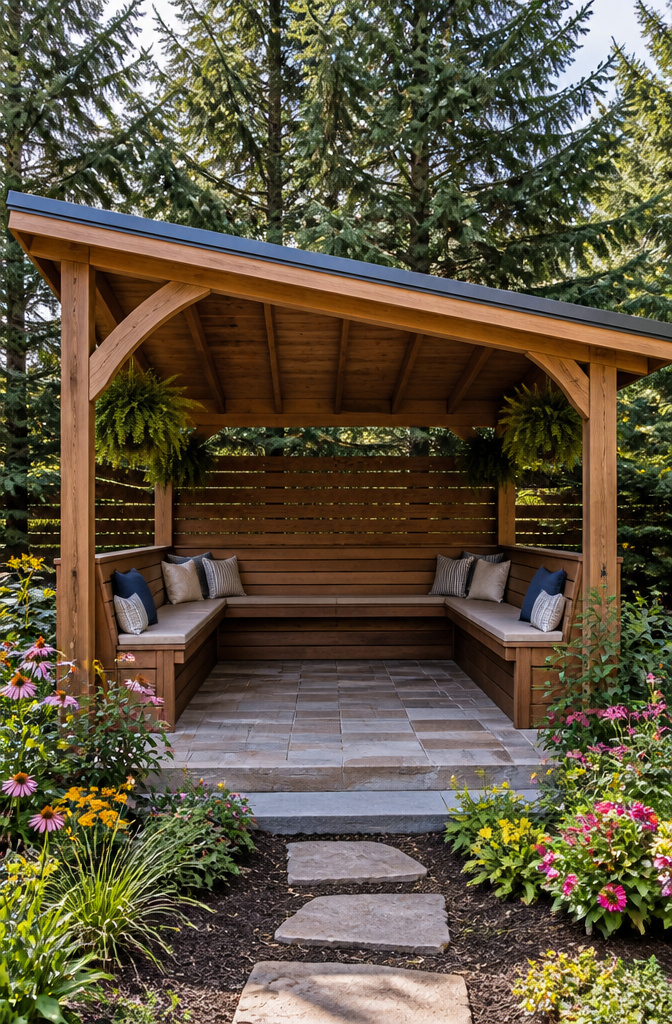 Event pavilion featuring bench seating and a sloping roof for light and air.