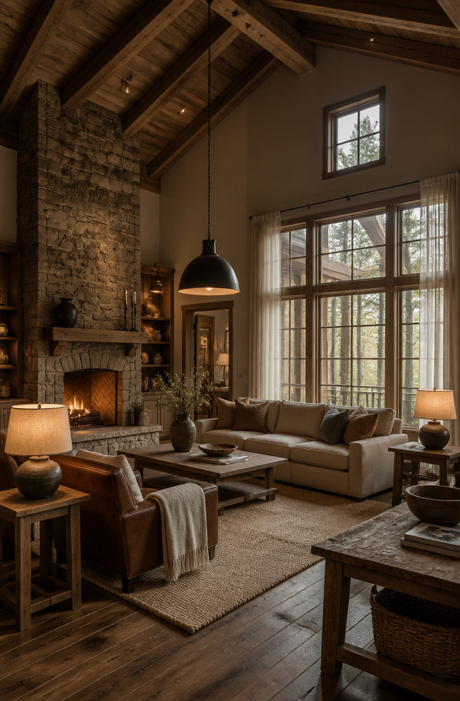 A rustic interior illuminated by layered lighting.