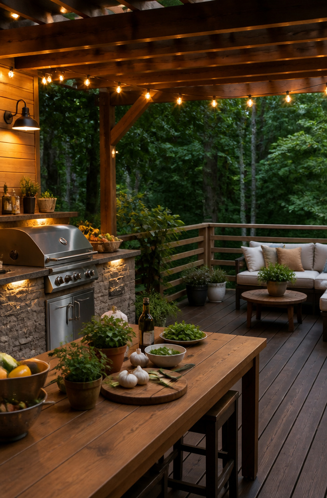 An inviting outdoor kitchen with soft seating and string lights.