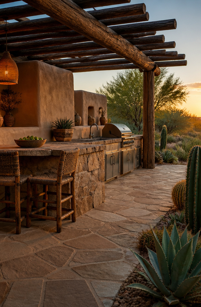 Desert-inspired outdoor kitchen with adobe walls and timber structures.