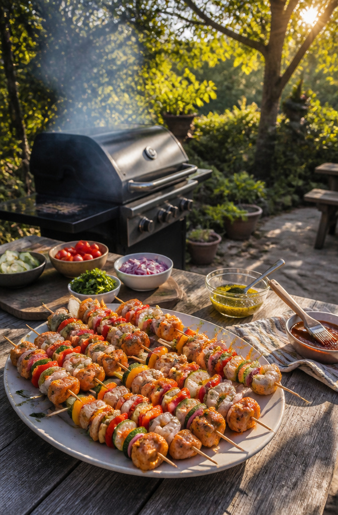 Large platter of marinated skewers with chicken, shrimp, and veggies.