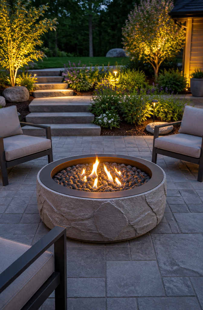 A metal fire bowl surrounded by a concrete-look shell on a patio.