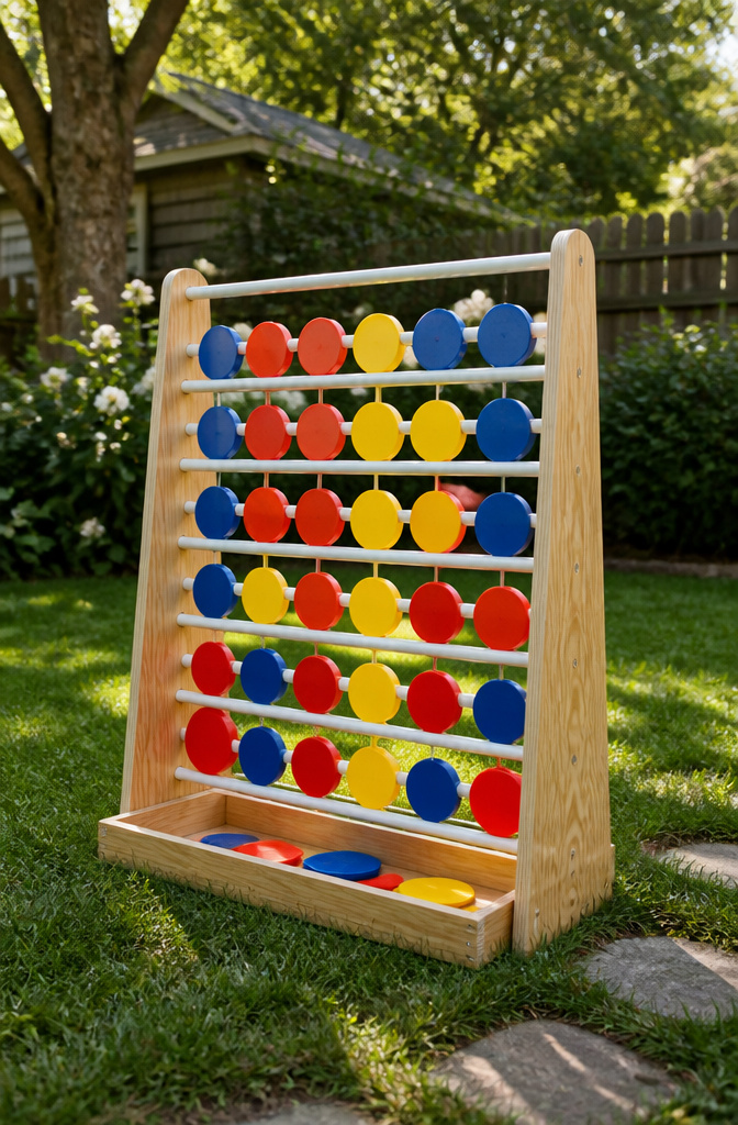 A vertical Connect Four game made with plywood and dowels.