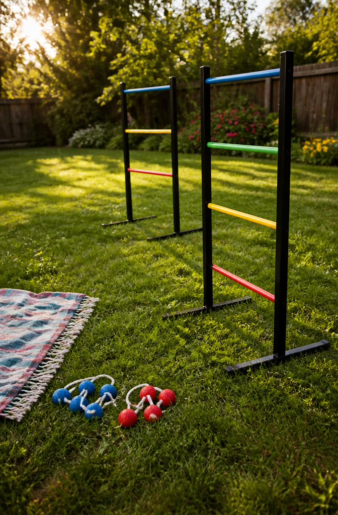 Ladder Toss set with bolas on well-kept grass.