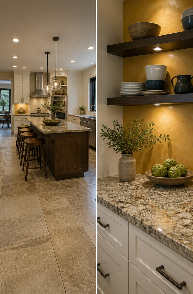Kitchen featuring ambient, task, and accent lighting for improved efficiency.
