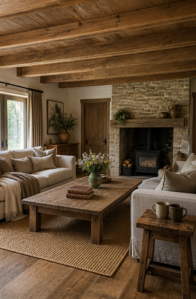 A rustic interior with functional furniture and raw wood details.