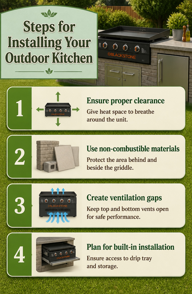 An outdoor kitchen with proper clearance around the Blackstone griddle.