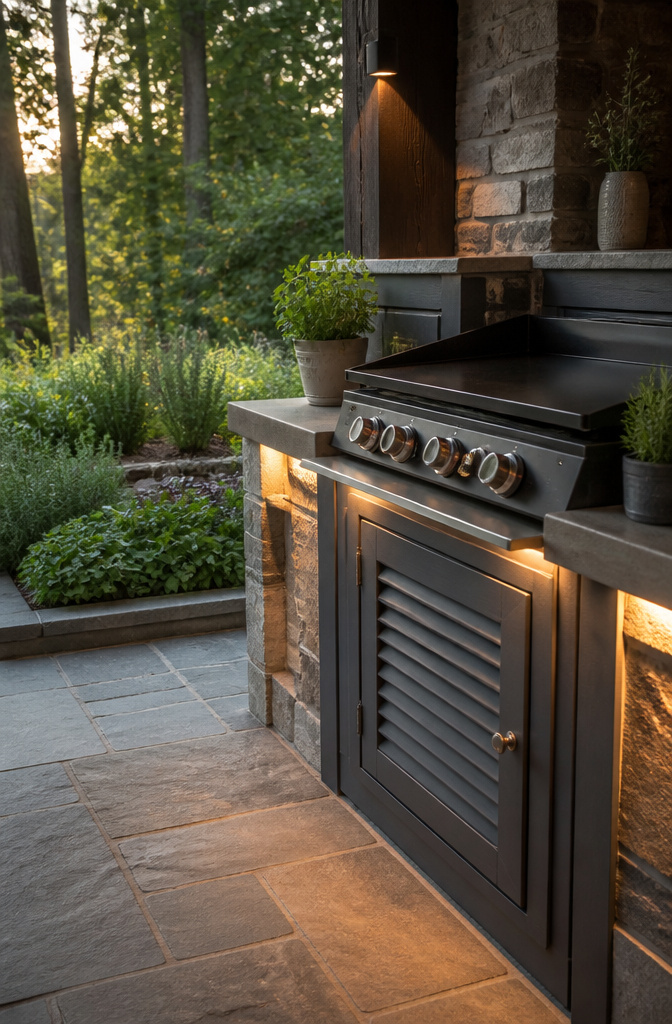 A cabinet with a louvered door concealing a propane tank.