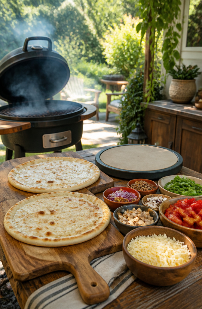 Wooden table with par-grilled pizza dough and various toppings.