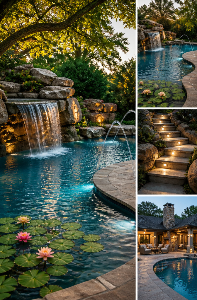 Rock waterfall providing a natural beauty to a luxury pool.