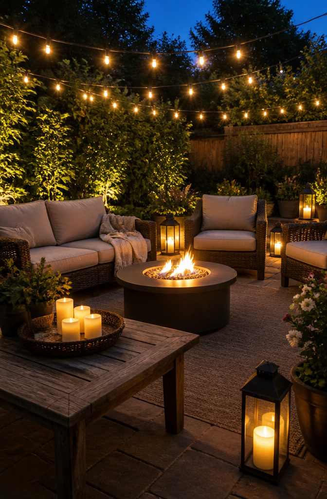 A patio lit with string lights and lanterns near a fire pit.