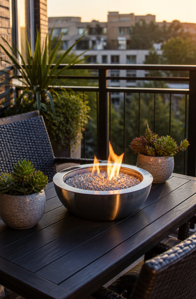 A tabletop fire bowl with a propane burner on an outdoor dining table.