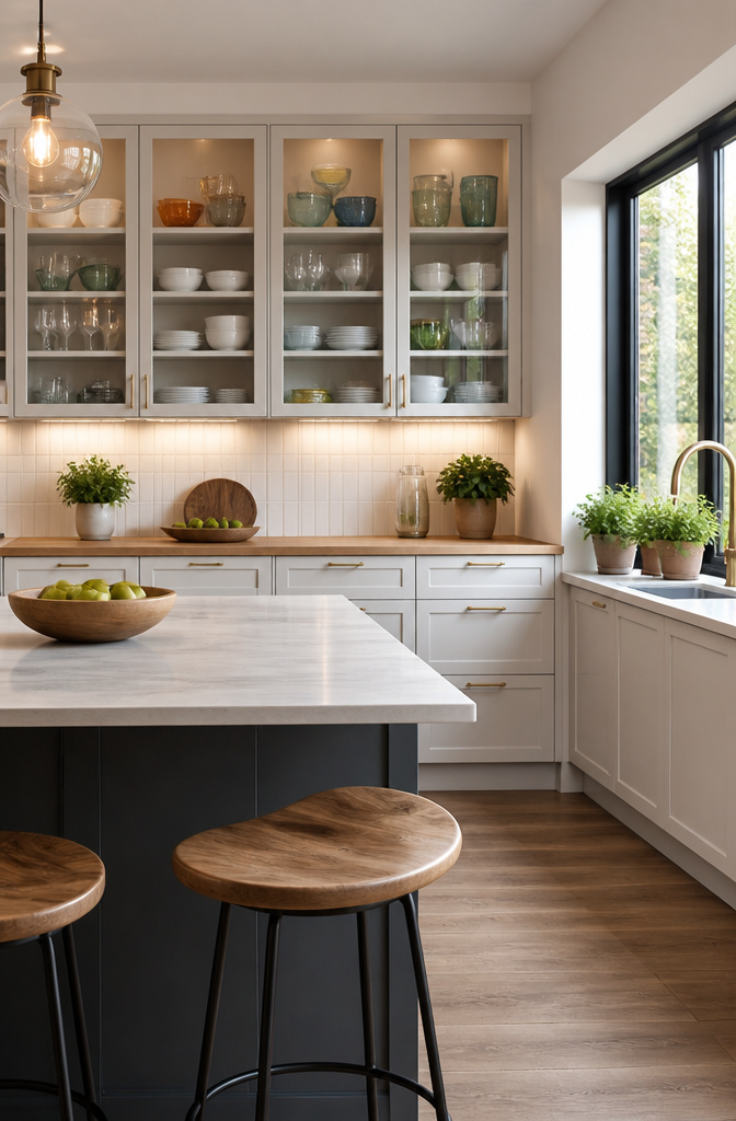 A kitchen featuring glass-front cabinets with white dishware and colorful glasses.
