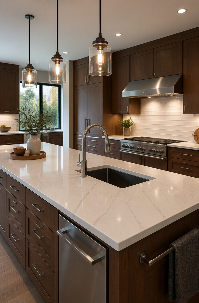 A stylish kitchen with quartz countertops and rich wood cabinetry.