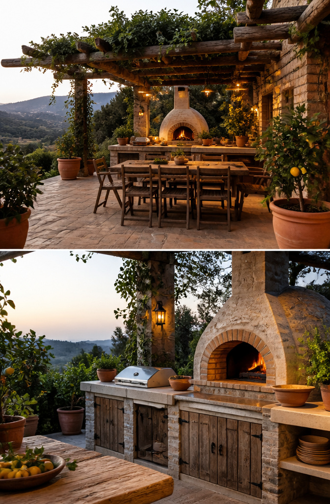 Mediterranean outdoor kitchen featuring an aged brick wood-fired pizza oven.