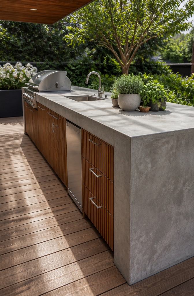 A concrete waterfall countertop edge in an outdoor kitchen.