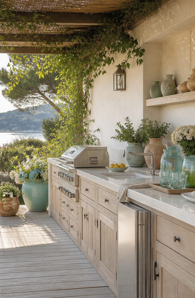 A charming outdoor kitchen with light cabinetry and pale marble countertops.