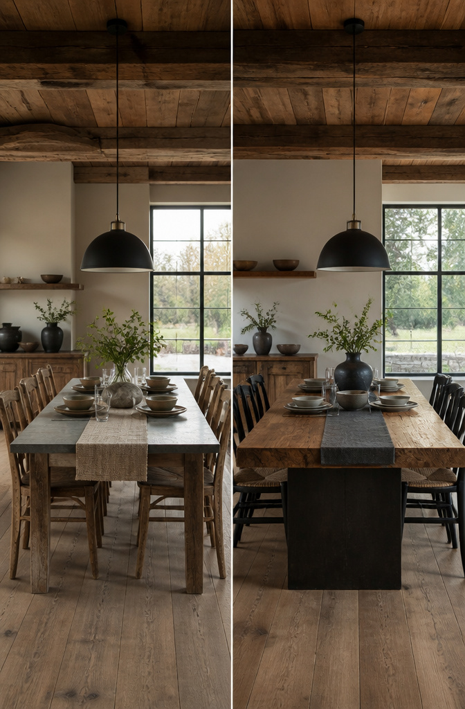 A rustic dining area featuring modern and reclaimed wood elements.