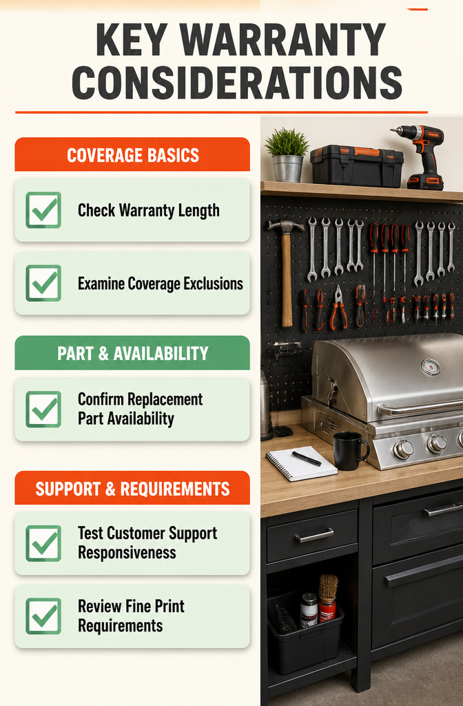 An infographic detailing warranty considerations for outdoor grills.