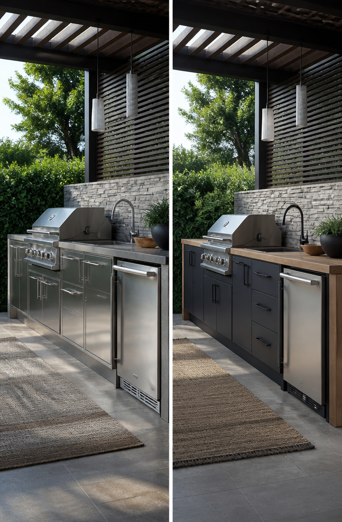 An outdoor kitchen with mixed materials including stainless steel and wood.