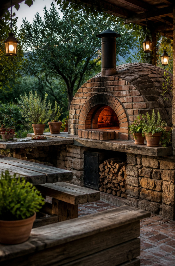 Rustic outdoor kitchen with a wood-fired pizza oven and reclaimed wood counters.