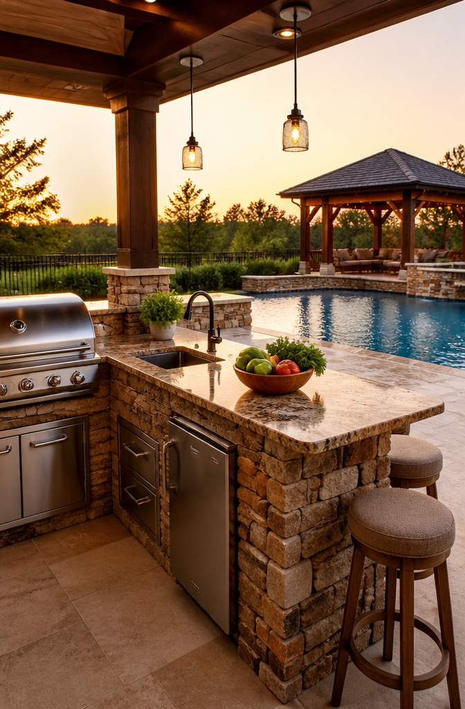 Stone-clad outdoor kitchen adjacent to a luxurious pool.