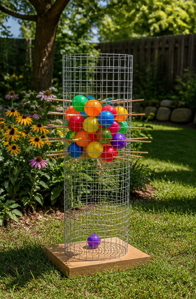 A Kerplunk game made with hardware cloth and wooden skewers.