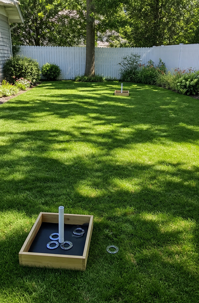 Two washer toss boxes and metal washers on green grass.