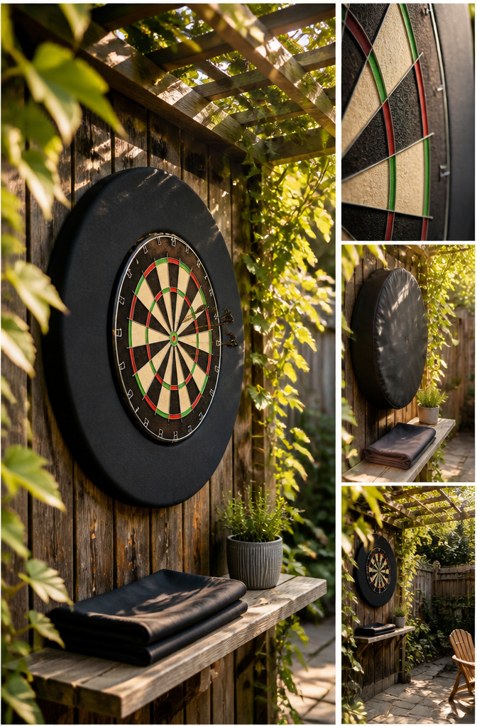 A dartboard with a protective cover and surrounding impact material.