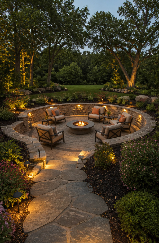 A sunken fire pit surrounded by seating and retaining walls.